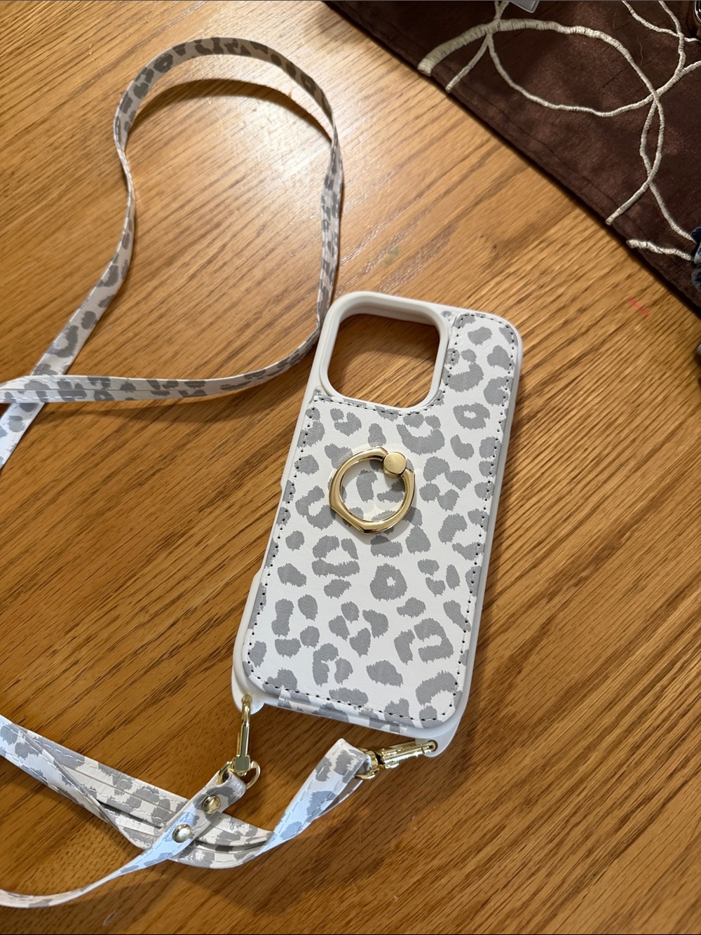 White & Gray Leopard Print Crossbody Phone Case with Gold Ring IPhone 16 Pro